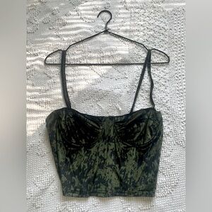 Olive Green Patterned Velvet Bustier Crop Top
